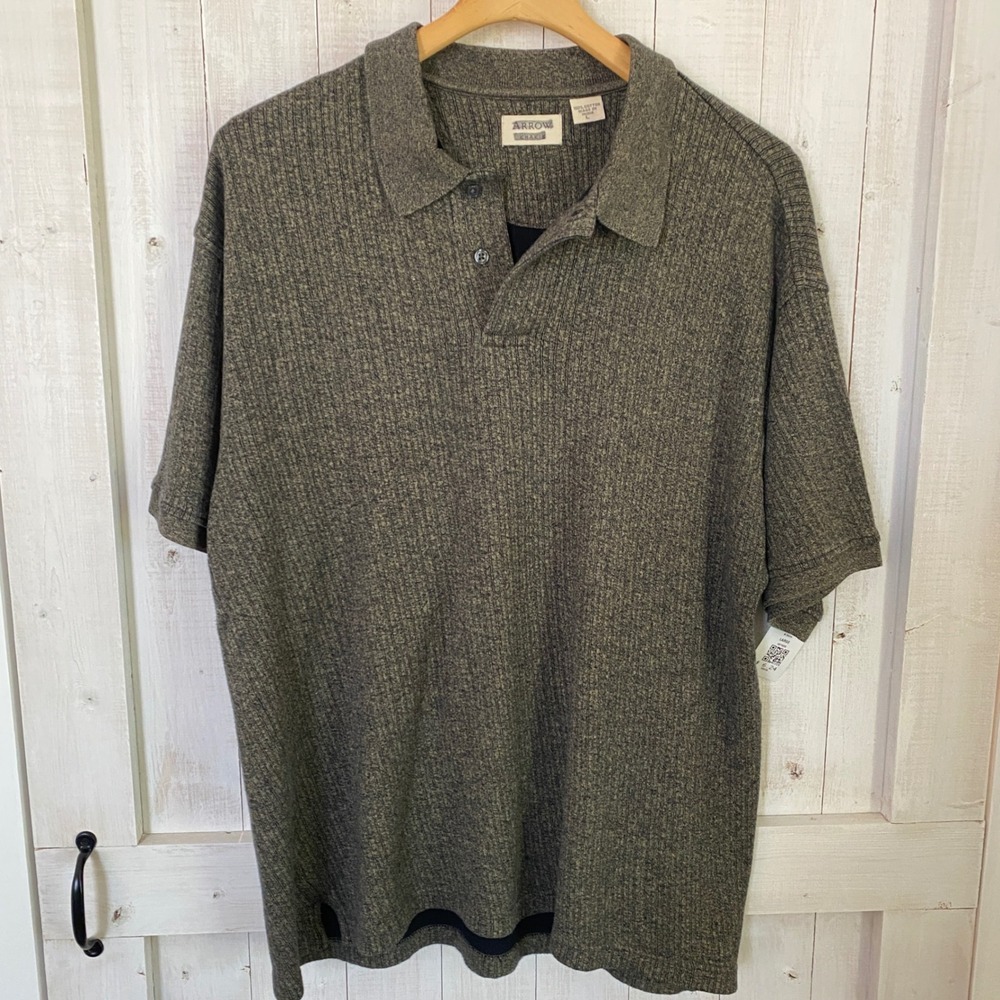 Arrow Khakis Mens Large Olive Green Marled Textured Cotton Polo Short Sleeve‎